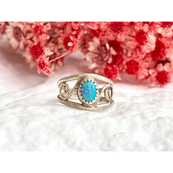Blue Opal Open Work Southwest Style Sterling Silver 925 Vintage Ring - sz 5.5 - Picture 11 of 16